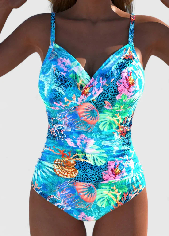 Maillot de Bain Une Pièce Femme Col V Croisé Imprimé Marin Tropical Froncé