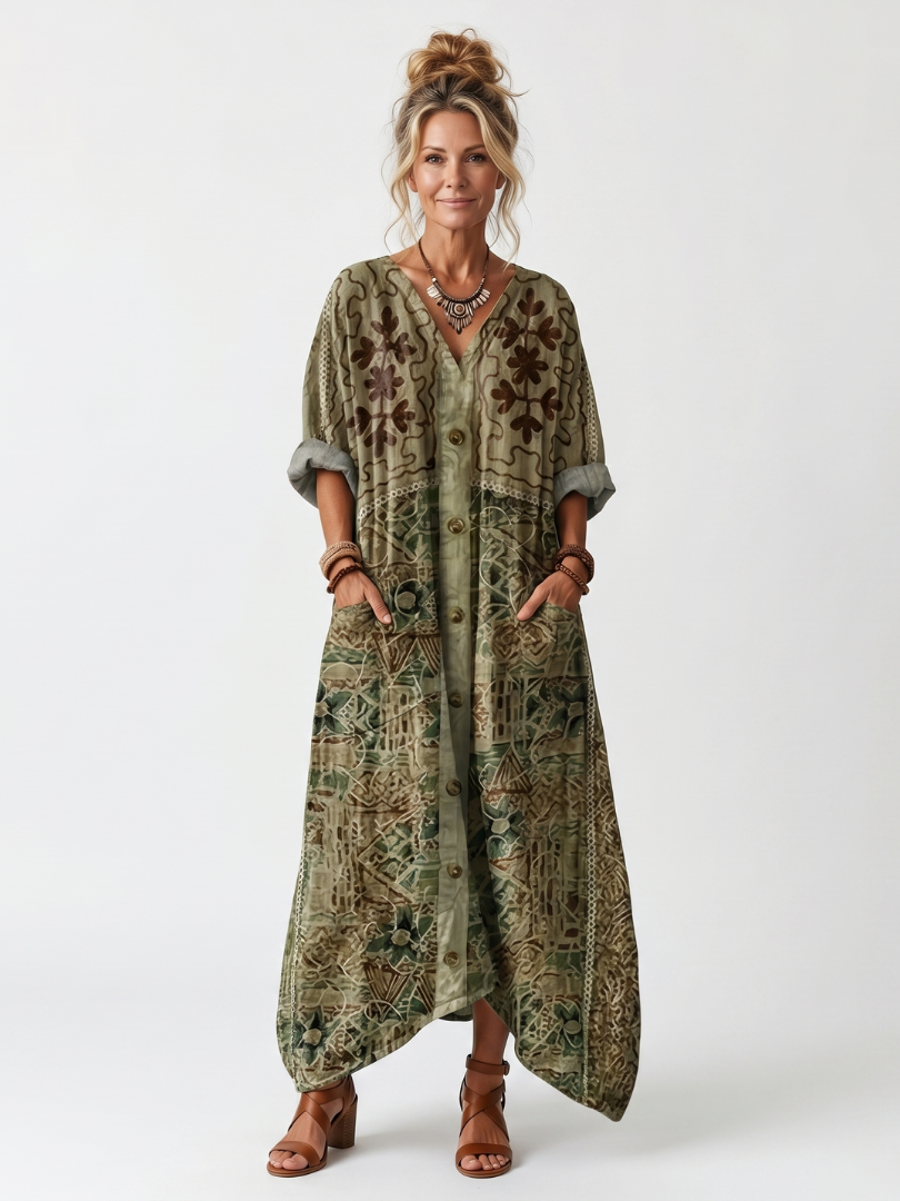 Robe midi bohème femme boutonnée à imprimé floral