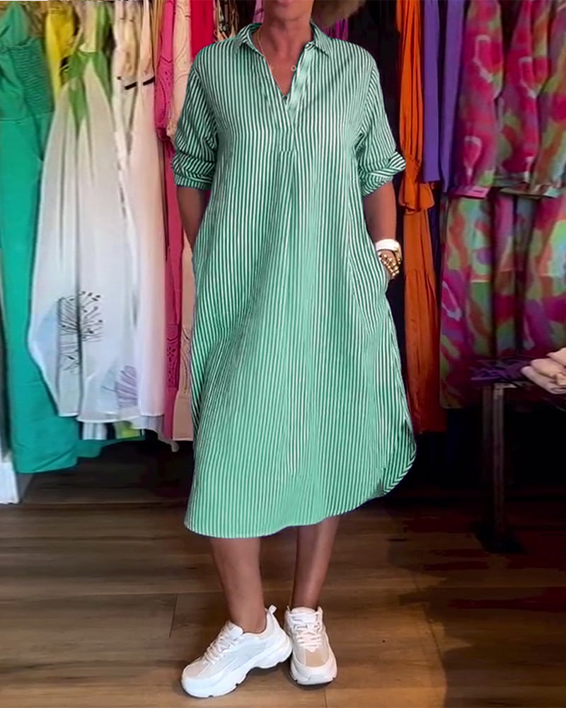 Robe femme chemise rayée fluide col revers manches longues élégante casual