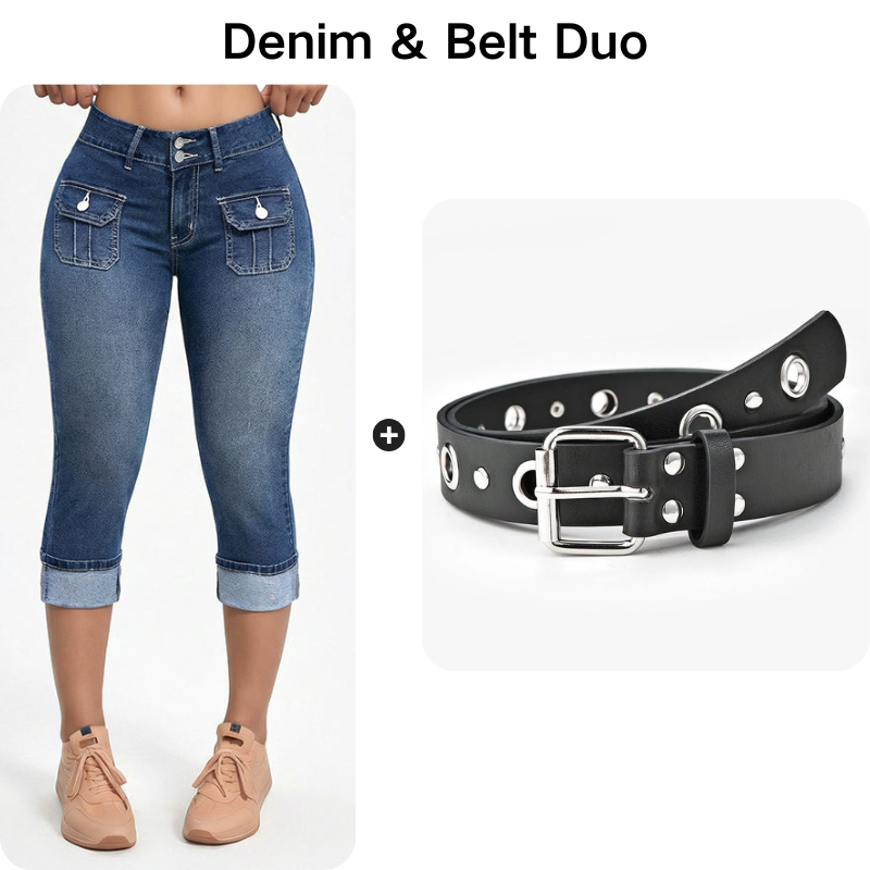 Pantalon Capri Femme Denim Stretch Ajusté Taille Mi-Haute