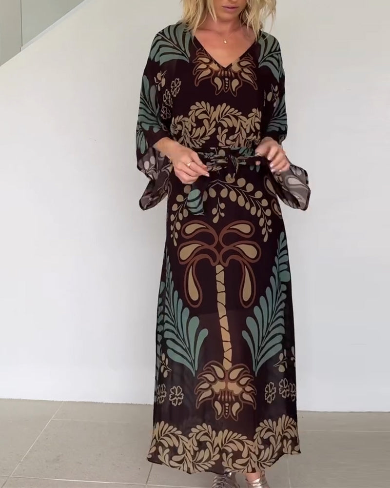 Robe Maxi Bohème Femme Col V Imprimé Feuilles Élégant