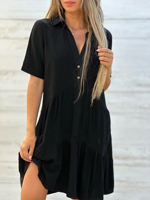 Robe Courte Femme Lin Coton Coupe Ample Col V Boutonné Été