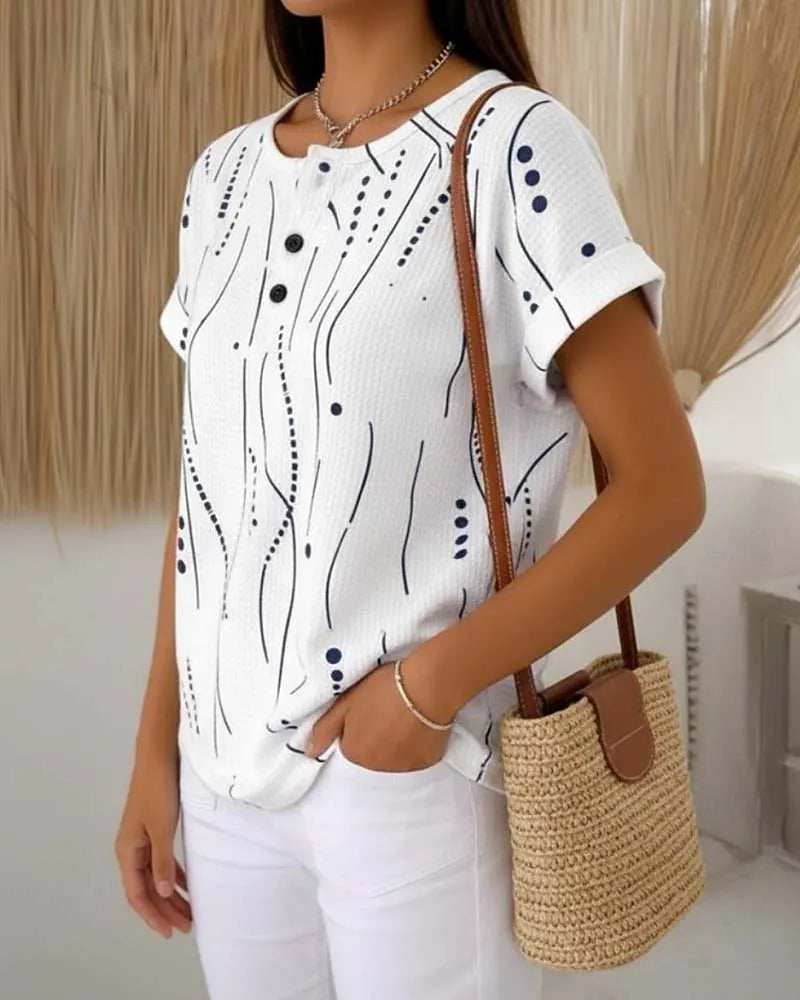 T-shirt femme imprimé à manches courtes avec boutons