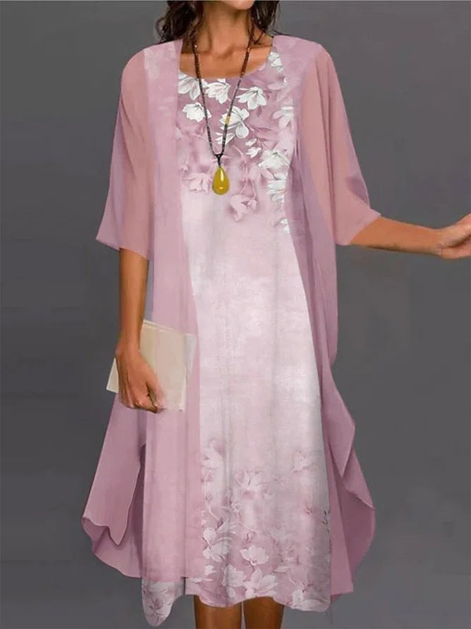 Ensemble Deux Pièces Femme Robe Midi Kimono Floral Fluide Élégant