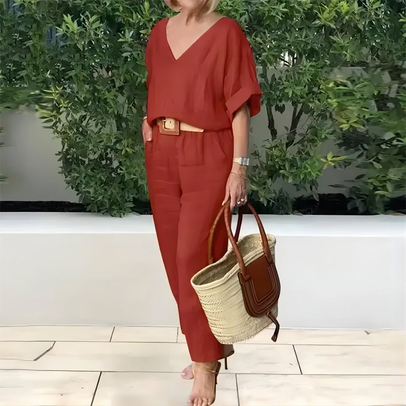 Ensemble Femme Col V Pantalon Ample Style Décontracté