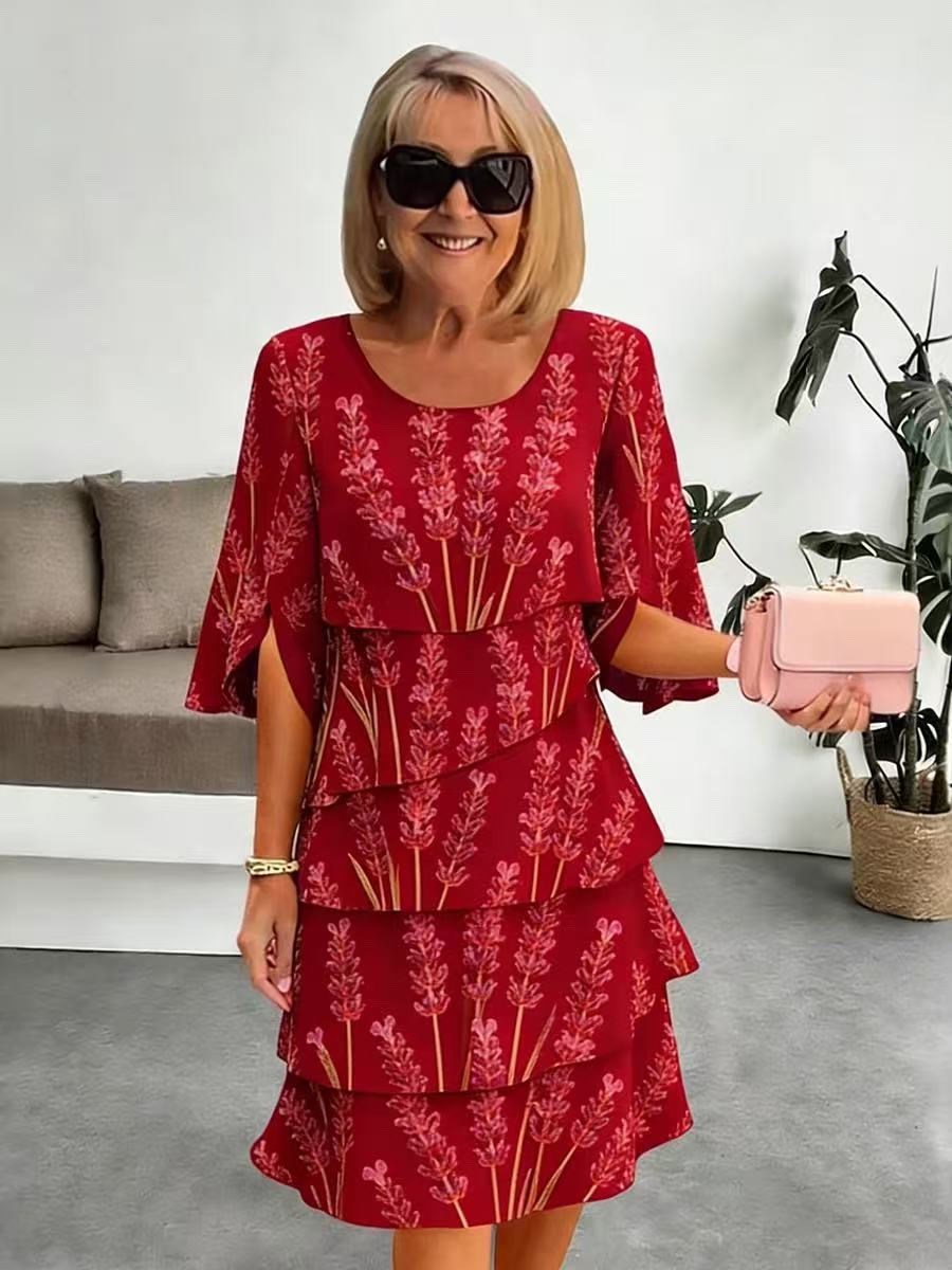Robe Mi-Longue Femme Imprimé Lavande Volants Superposés Manches Fendues