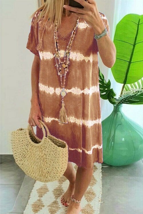 Robe t-shirt femme tie-dye à col V manches courtes