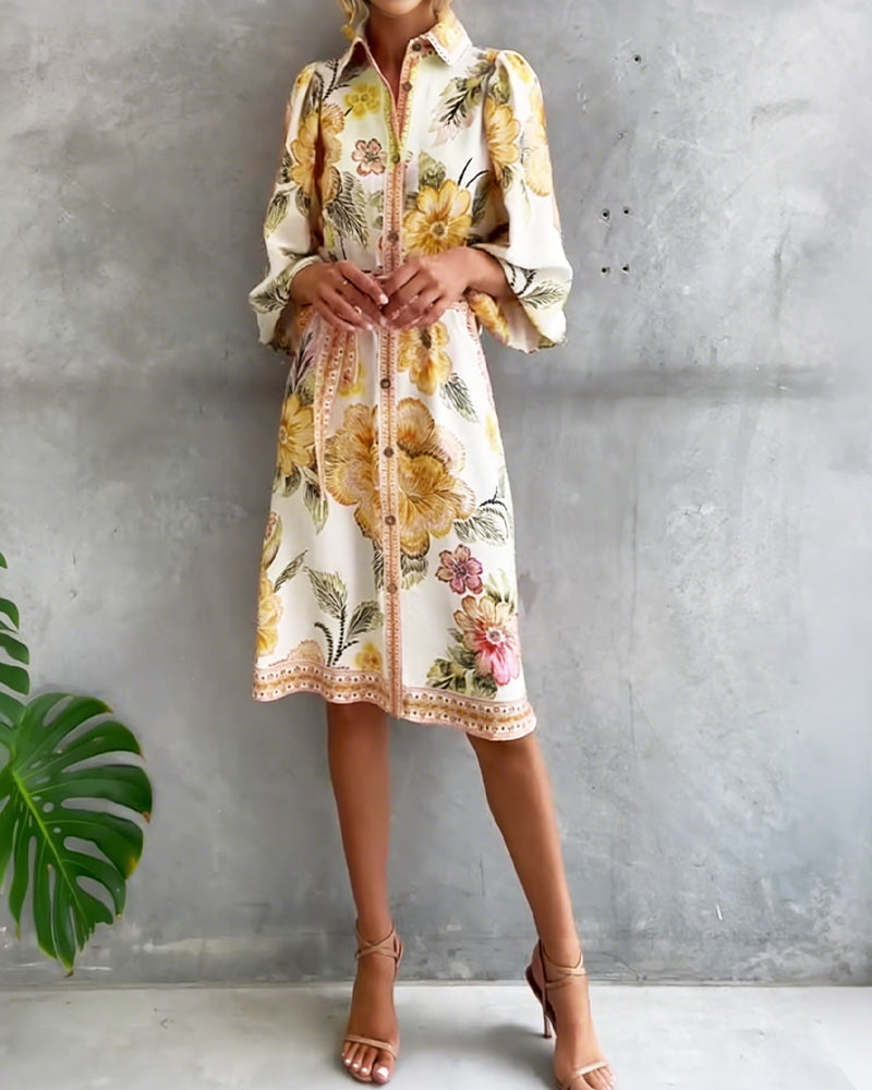 Robe Fleurie Élégante Femme à Manches Lanternes et Boutons