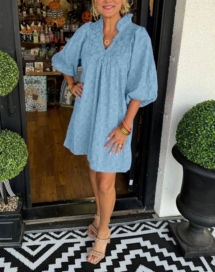 Robe Courte Femme Jacquard Col V Manches Bouffantes pour Style Élégant Chic