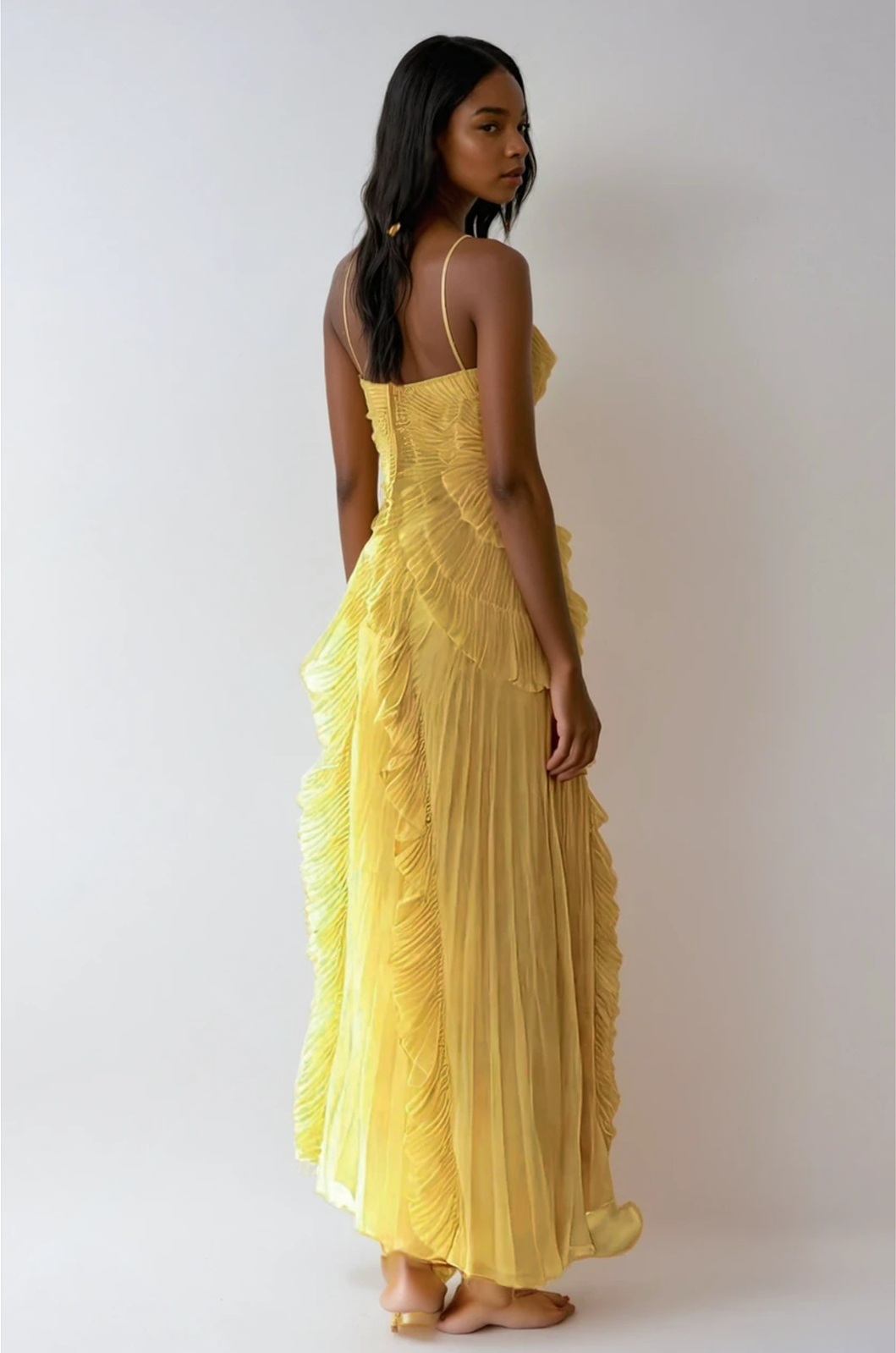 Robe Longue Plissée Femme avec Volants Asymétriques Élégants
