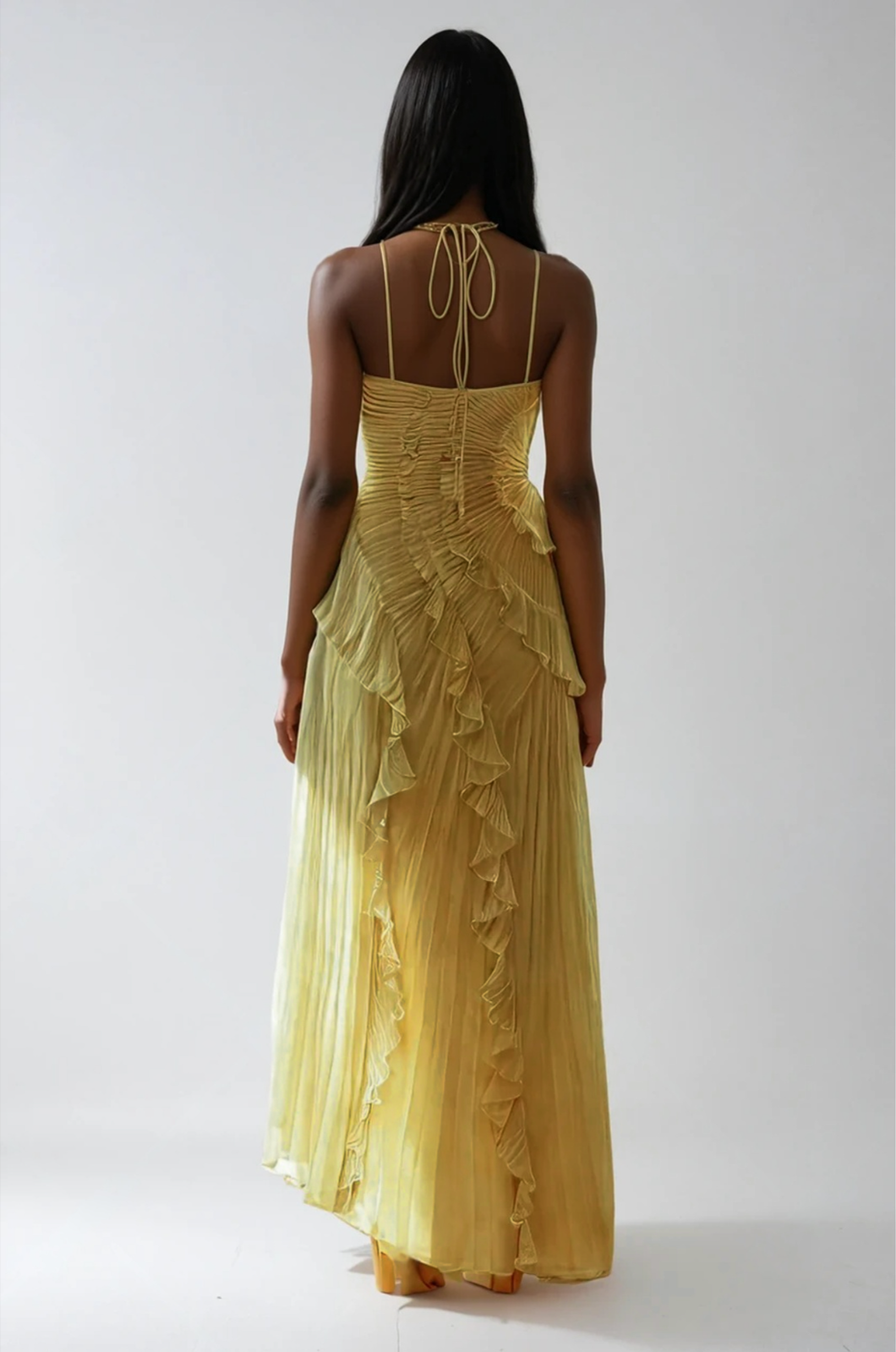 Robe Longue Plissée Femme avec Volants Asymétriques Élégants