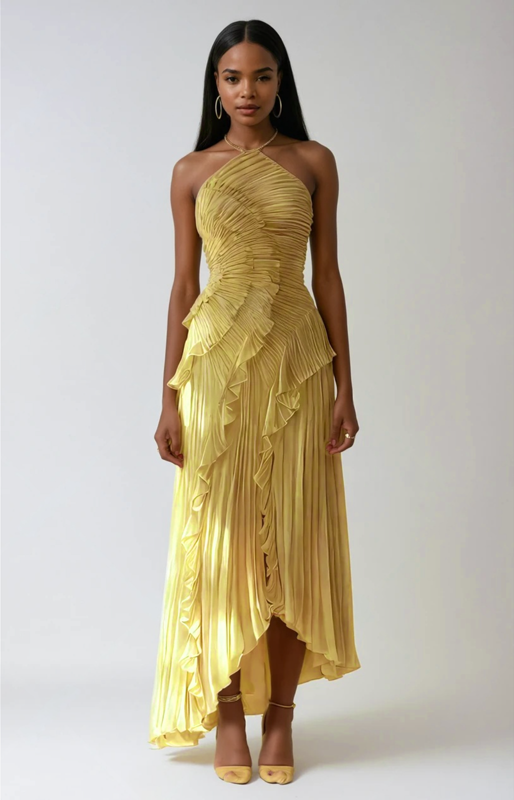 Robe Longue Plissée Femme avec Volants Asymétriques Élégants