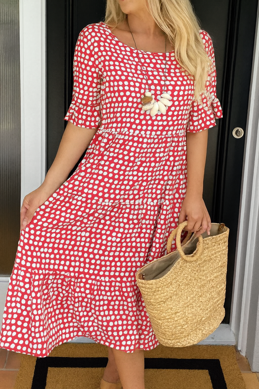 Robe Midi Femme Pois Manches Courtes Volants Fluide Élégante