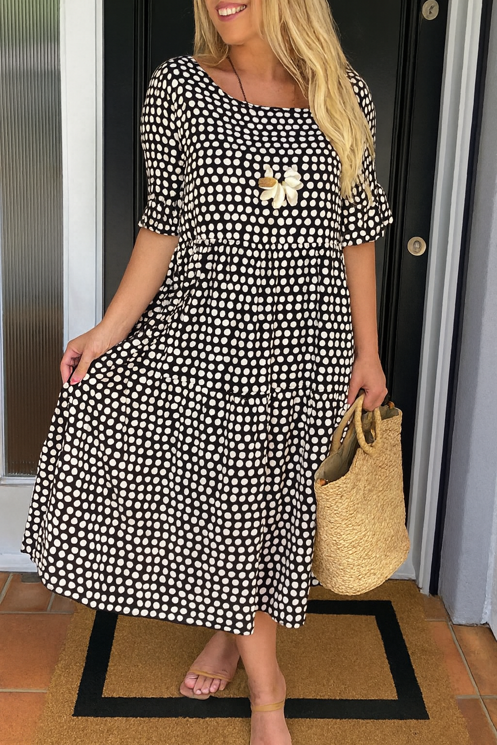 Robe Midi Femme Pois Manches Courtes Volants Fluide Élégante