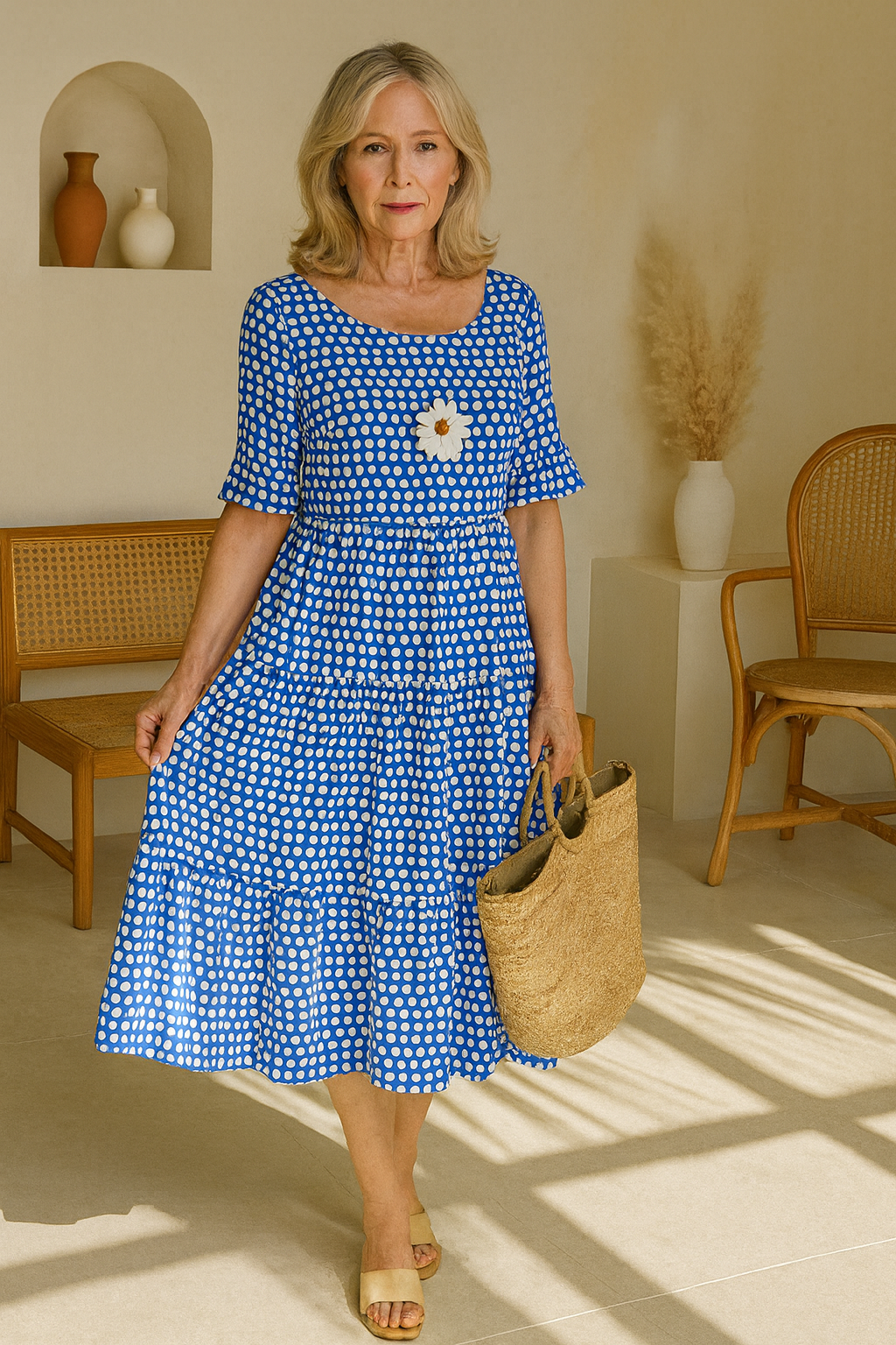 Robe Midi Femme Pois Manches Courtes Volants Fluide Élégante