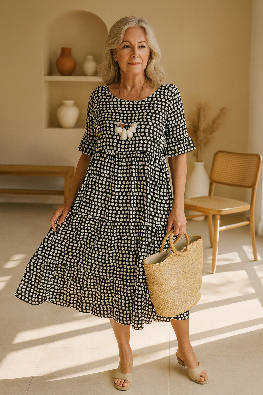 Robe Midi Femme Pois Manches Courtes Volants Fluide Élégante