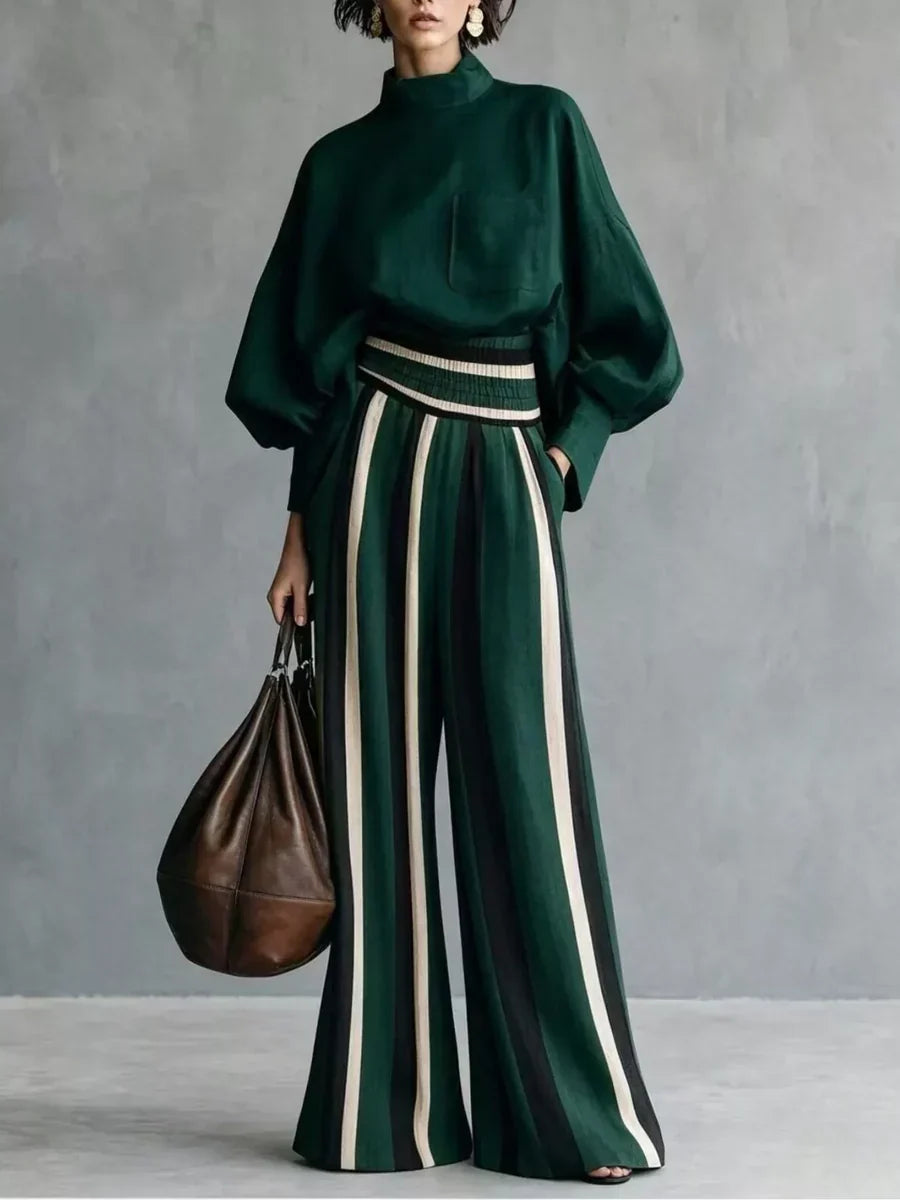 Ensemble femme col montant et pantalon rayé
