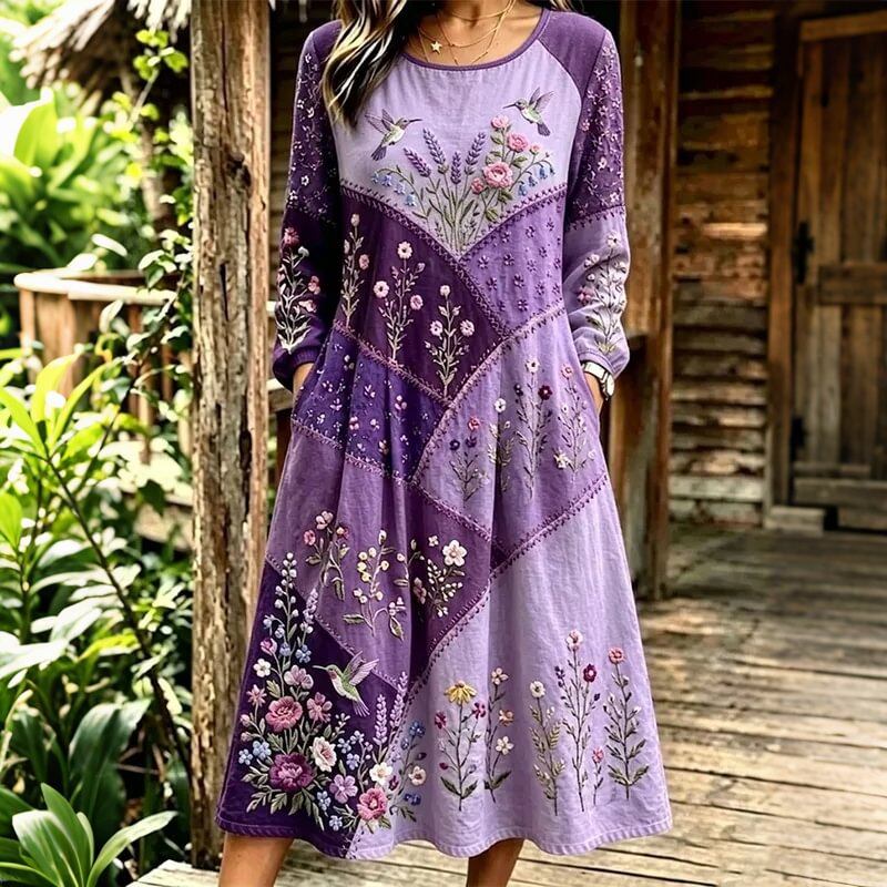 Robe femme bohème fleurie à coupe évasée manches longues