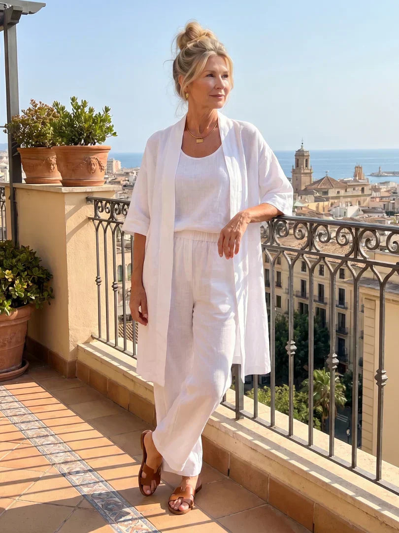 Ensemble femme trois pièces avec kimono fluide, top et pantalon ample