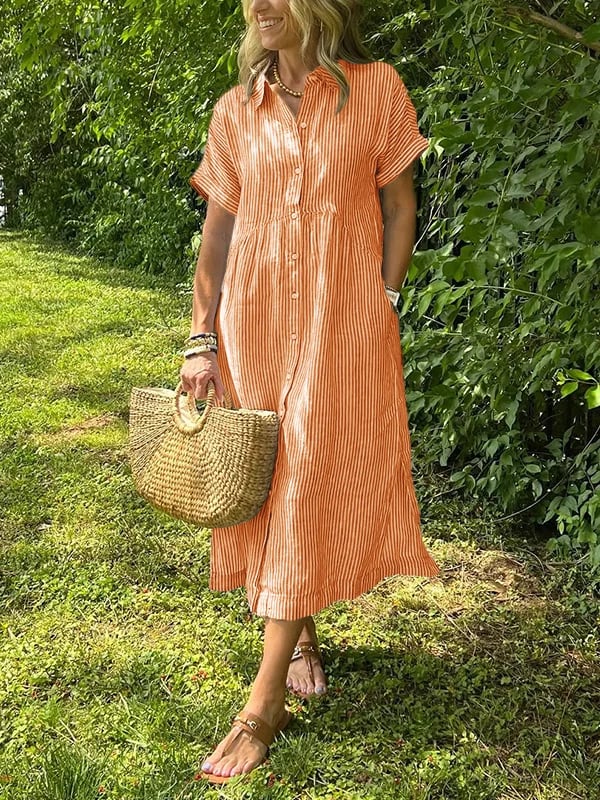 Robe Chemise Rayée Longue Coupe Fluide Avec Boutonnage Confort Quotidien