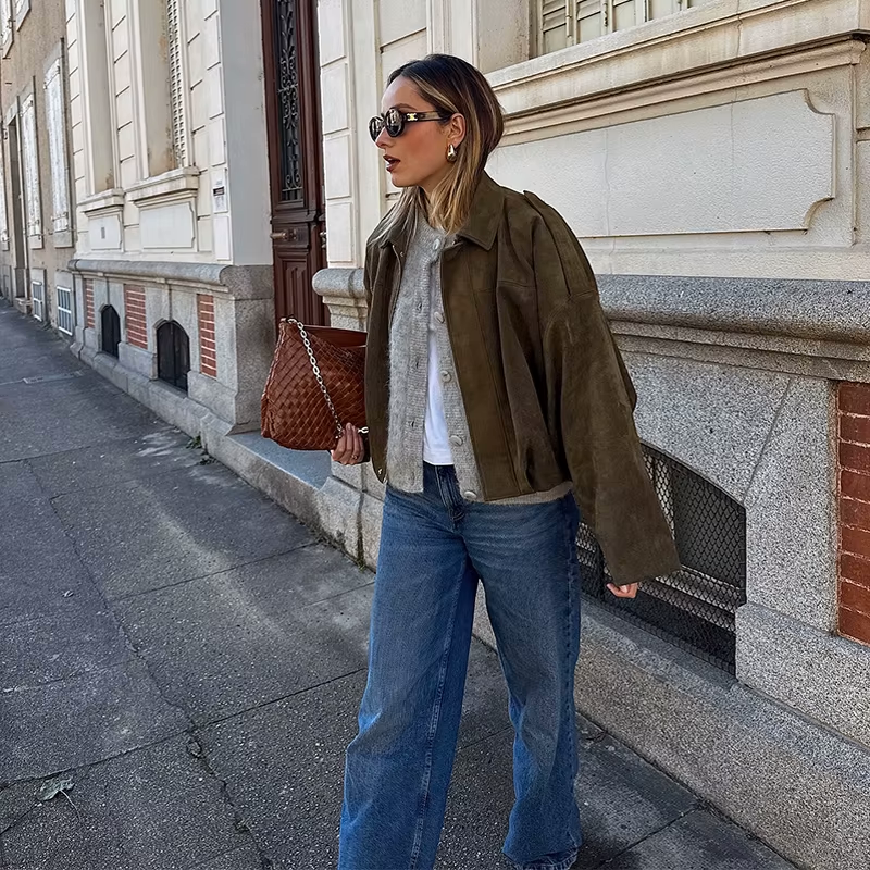 Veste femme oversize effet suédé coupe ample pour style urbain quotidien