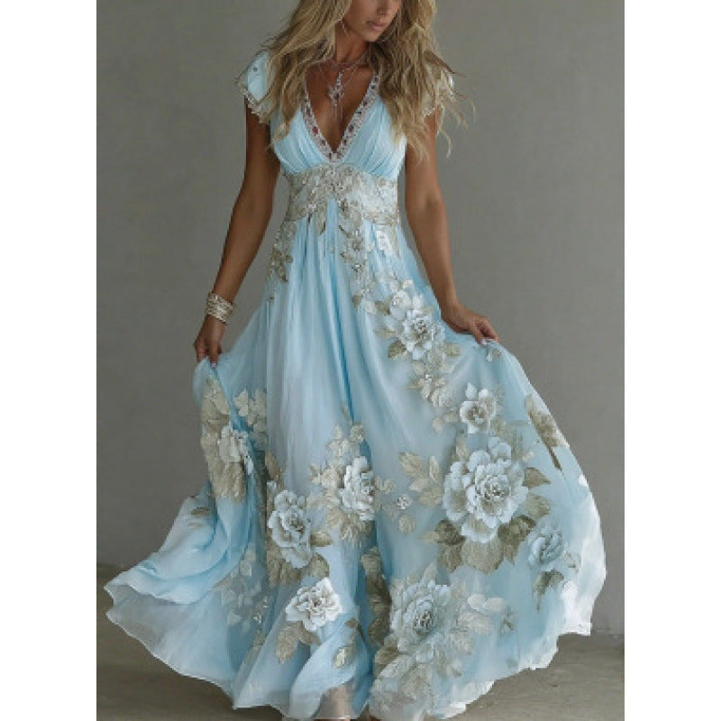 Robe longue femme en chiffon avec broderies florales