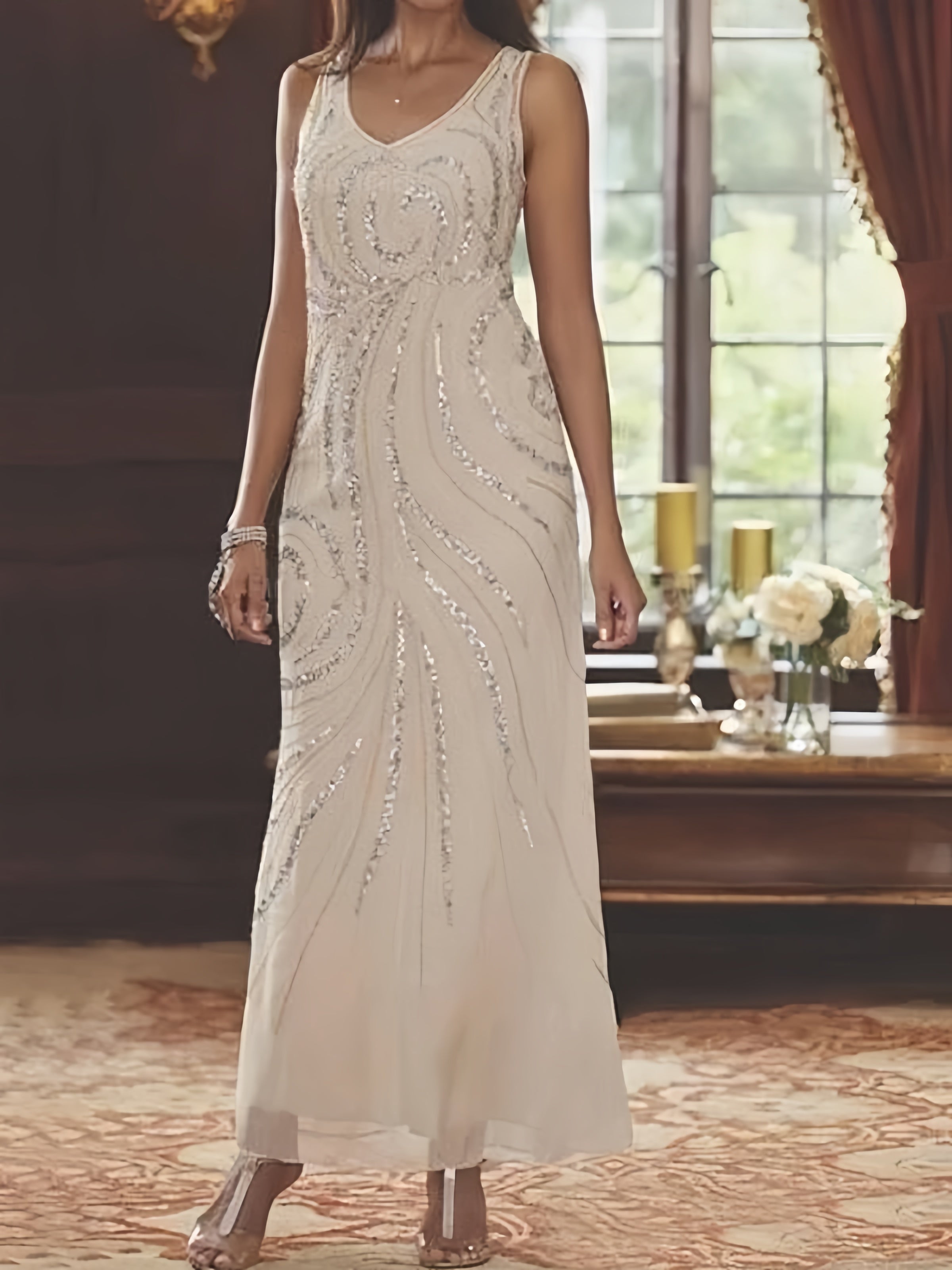 Robe Femme Élégante Longue Avec Veste Paillettes Col V Style Soirée Mariage