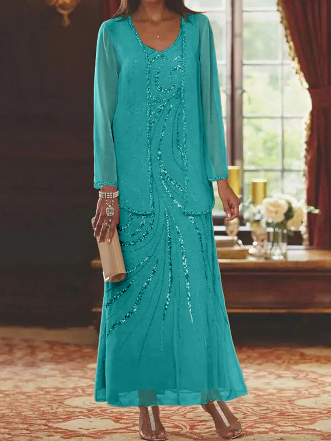 Robe Femme Élégante Longue Avec Veste Paillettes Col V Style Soirée Mariage