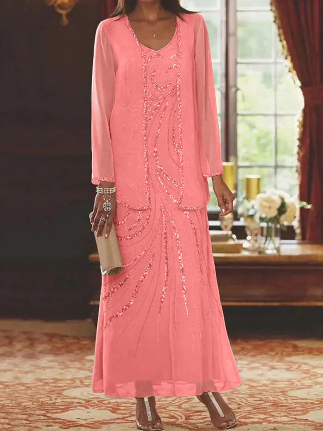 Robe Femme Élégante Longue Avec Veste Paillettes Col V Style Soirée Mariage