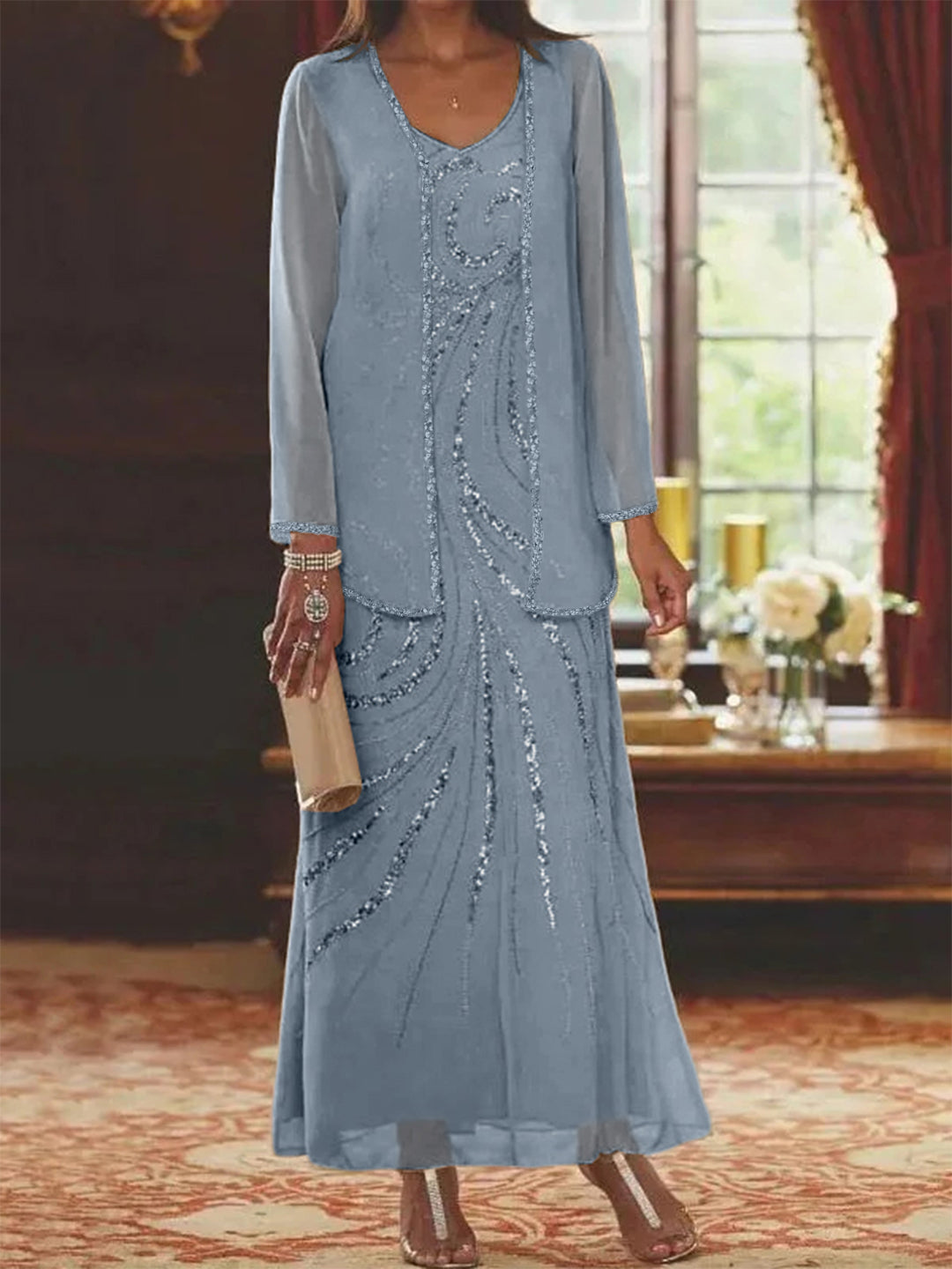 Robe Femme Élégante Longue Avec Veste Paillettes Col V Style Soirée Mariage