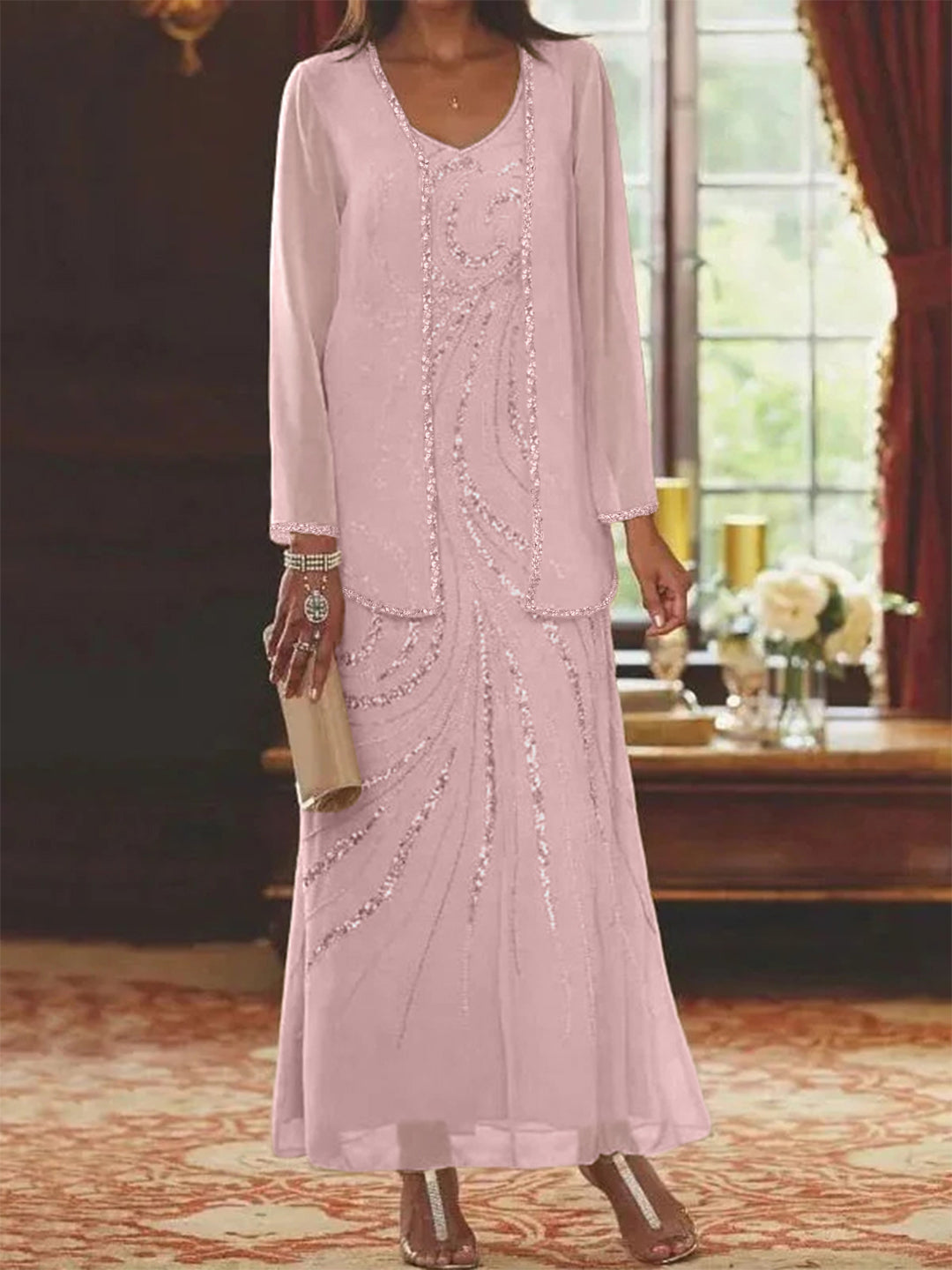 Robe Femme Élégante Longue Avec Veste Paillettes Col V Style Soirée Mariage