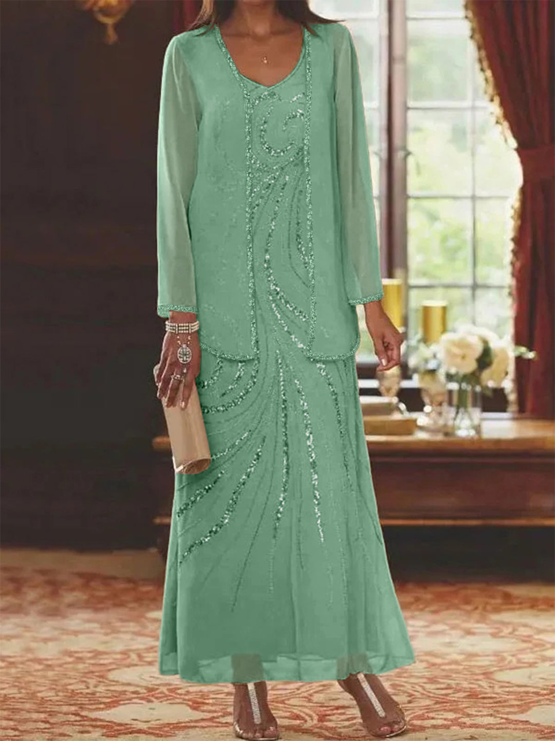 Robe Femme Élégante Longue Avec Veste Paillettes Col V Style Soirée Mariage