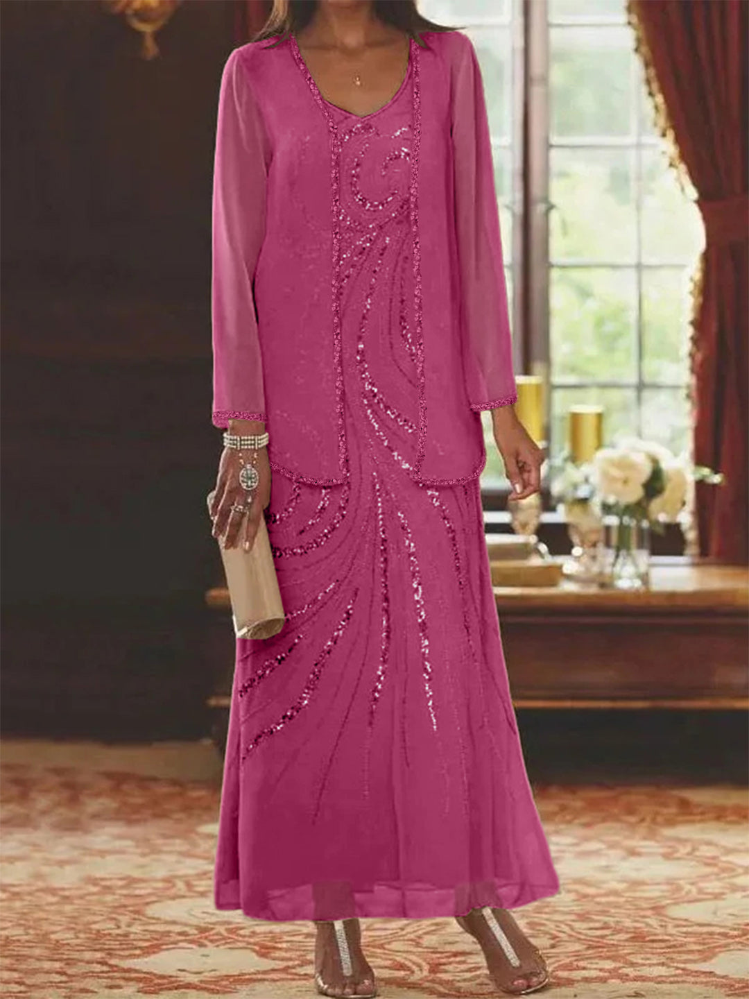 Robe Femme Élégante Longue Avec Veste Paillettes Col V Style Soirée Mariage