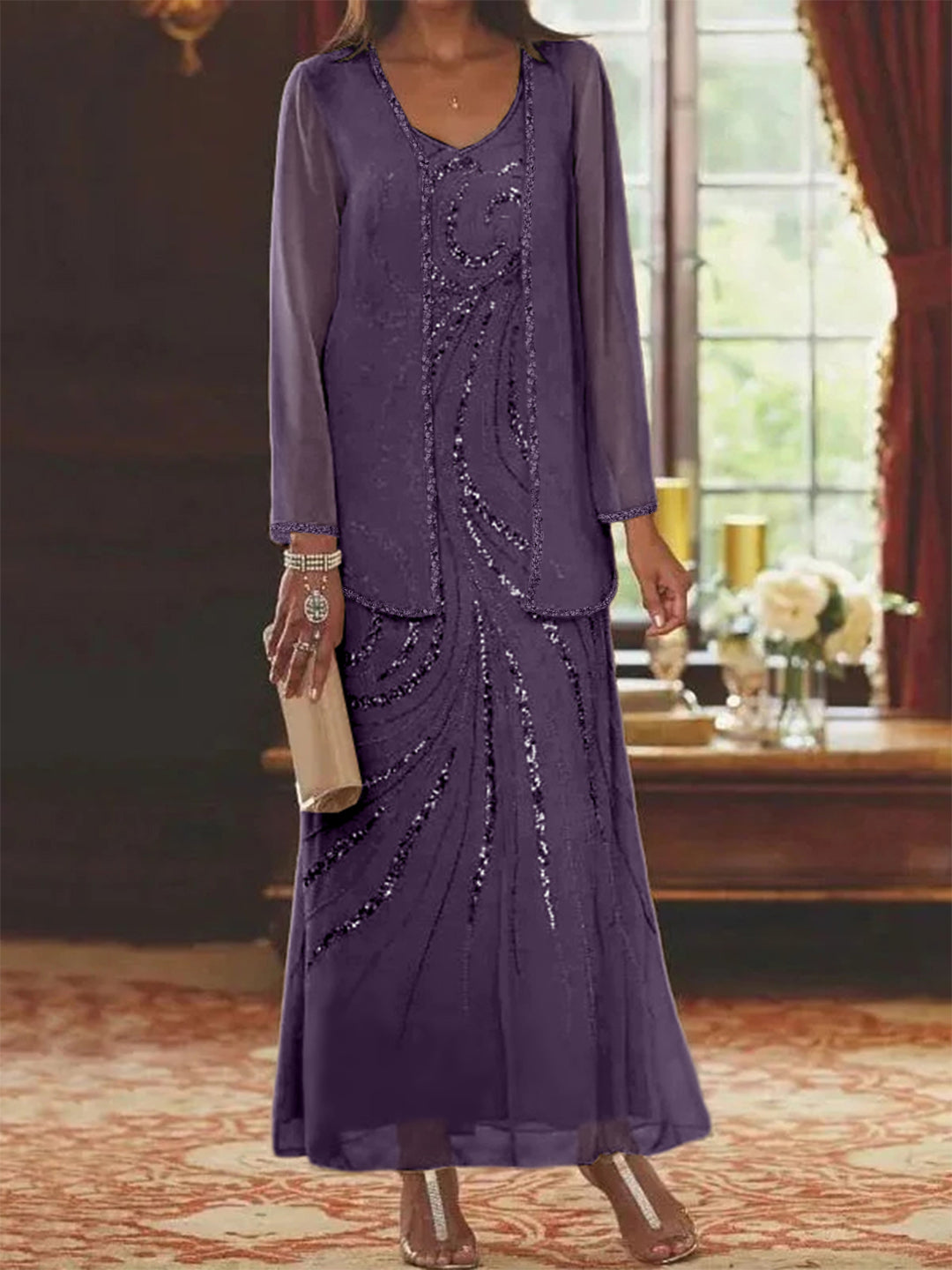 Robe Femme Élégante Longue Avec Veste Paillettes Col V Style Soirée Mariage