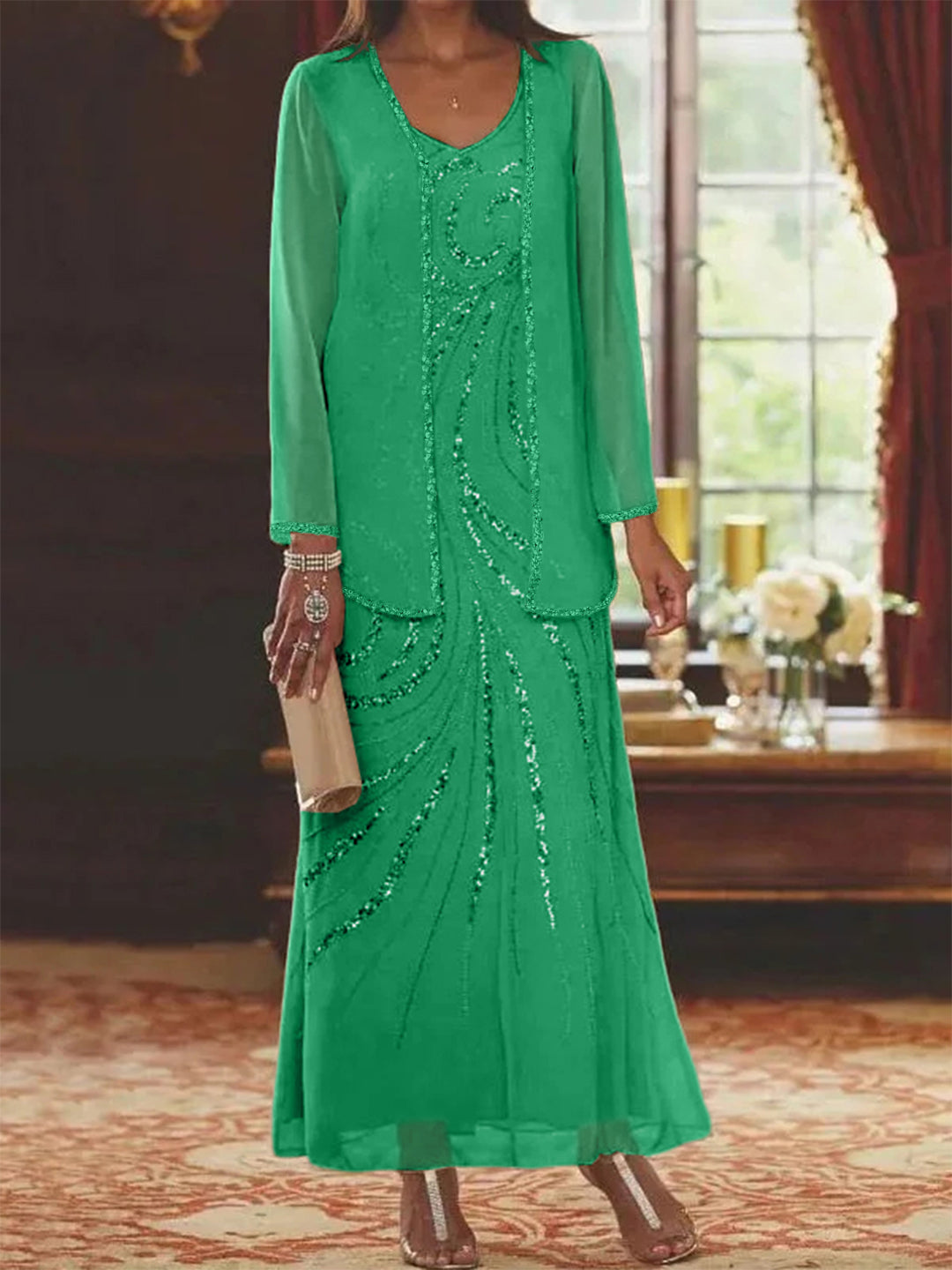 Robe Femme Élégante Longue Avec Veste Paillettes Col V Style Soirée Mariage