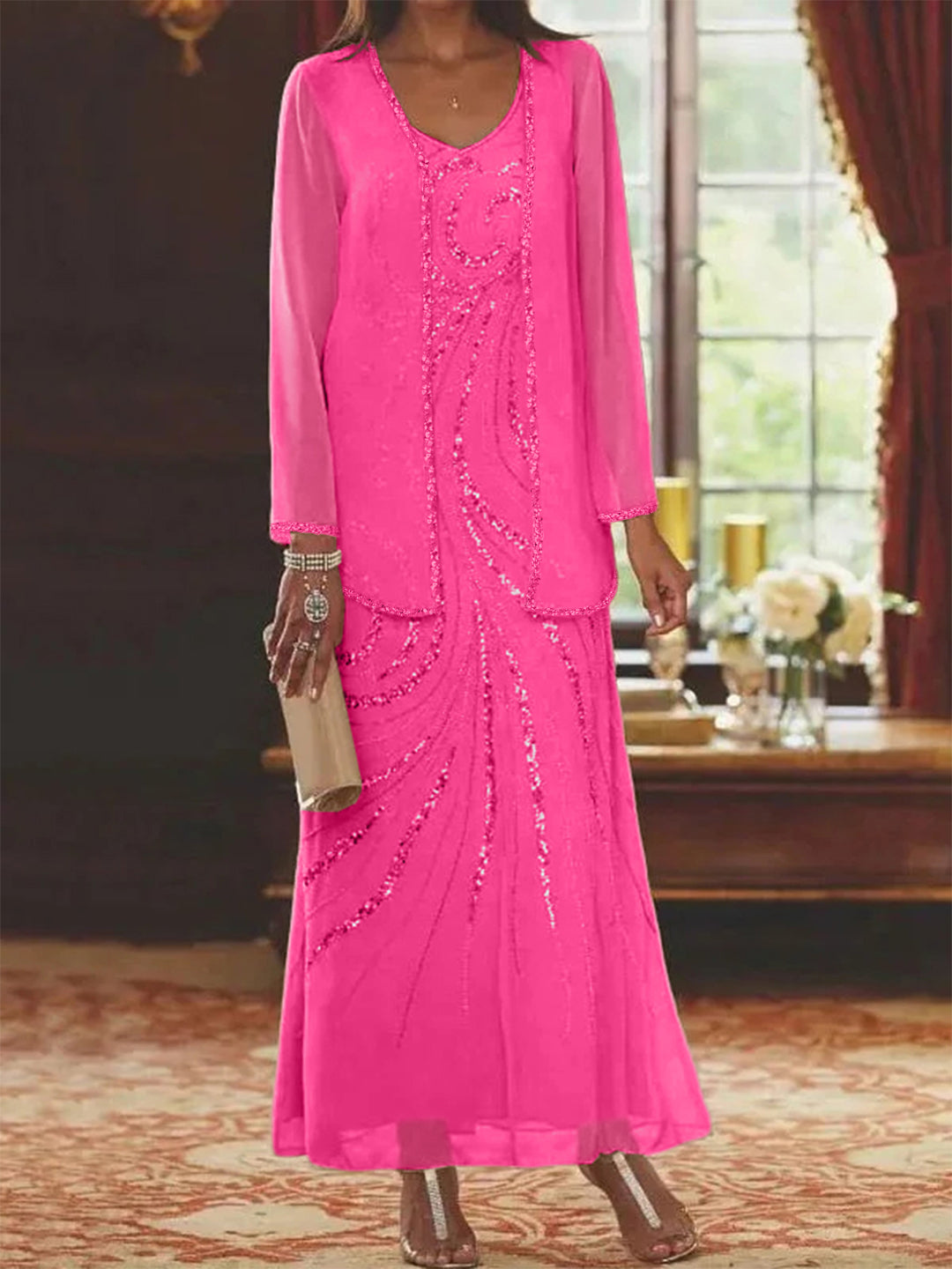 Robe Femme Élégante Longue Avec Veste Paillettes Col V Style Soirée Mariage