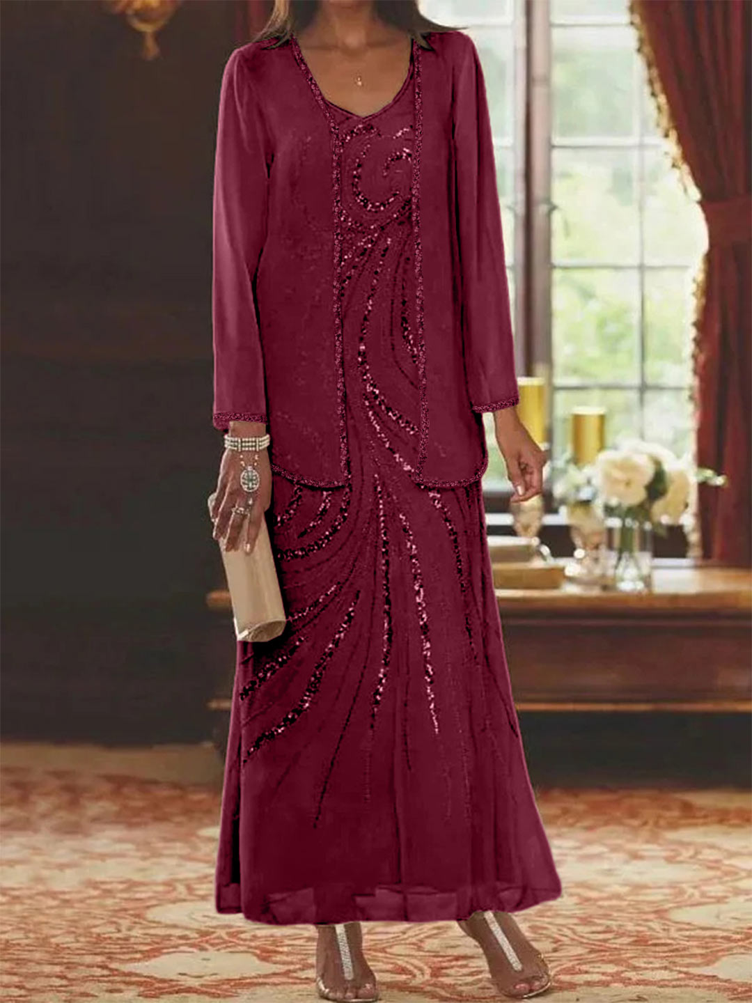 Robe Femme Élégante Longue Avec Veste Paillettes Col V Style Soirée Mariage