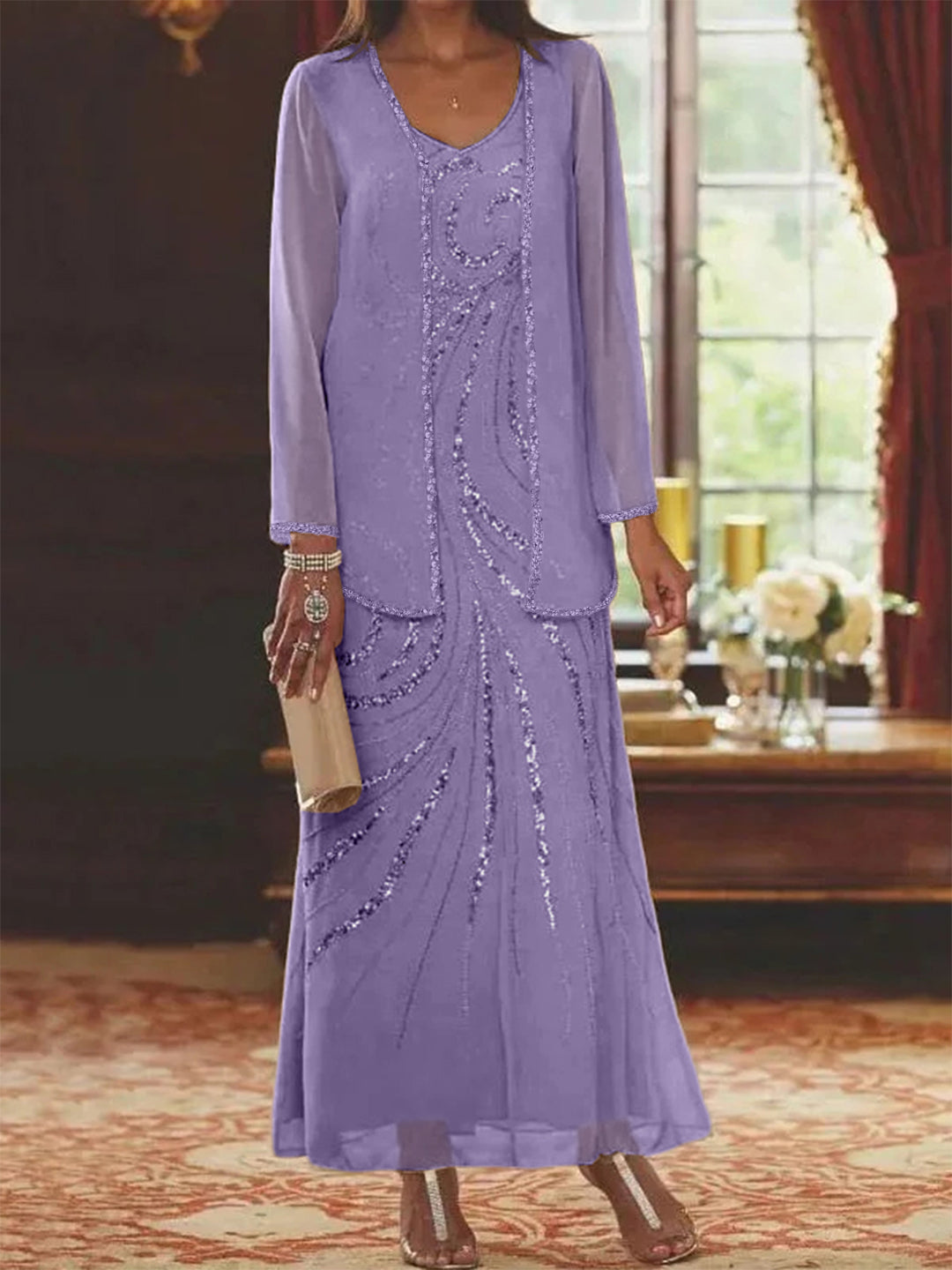 Robe Femme Élégante Longue Avec Veste Paillettes Col V Style Soirée Mariage