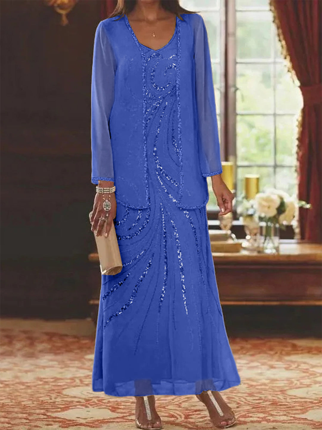 Robe Femme Élégante Longue Avec Veste Paillettes Col V Style Soirée Mariage