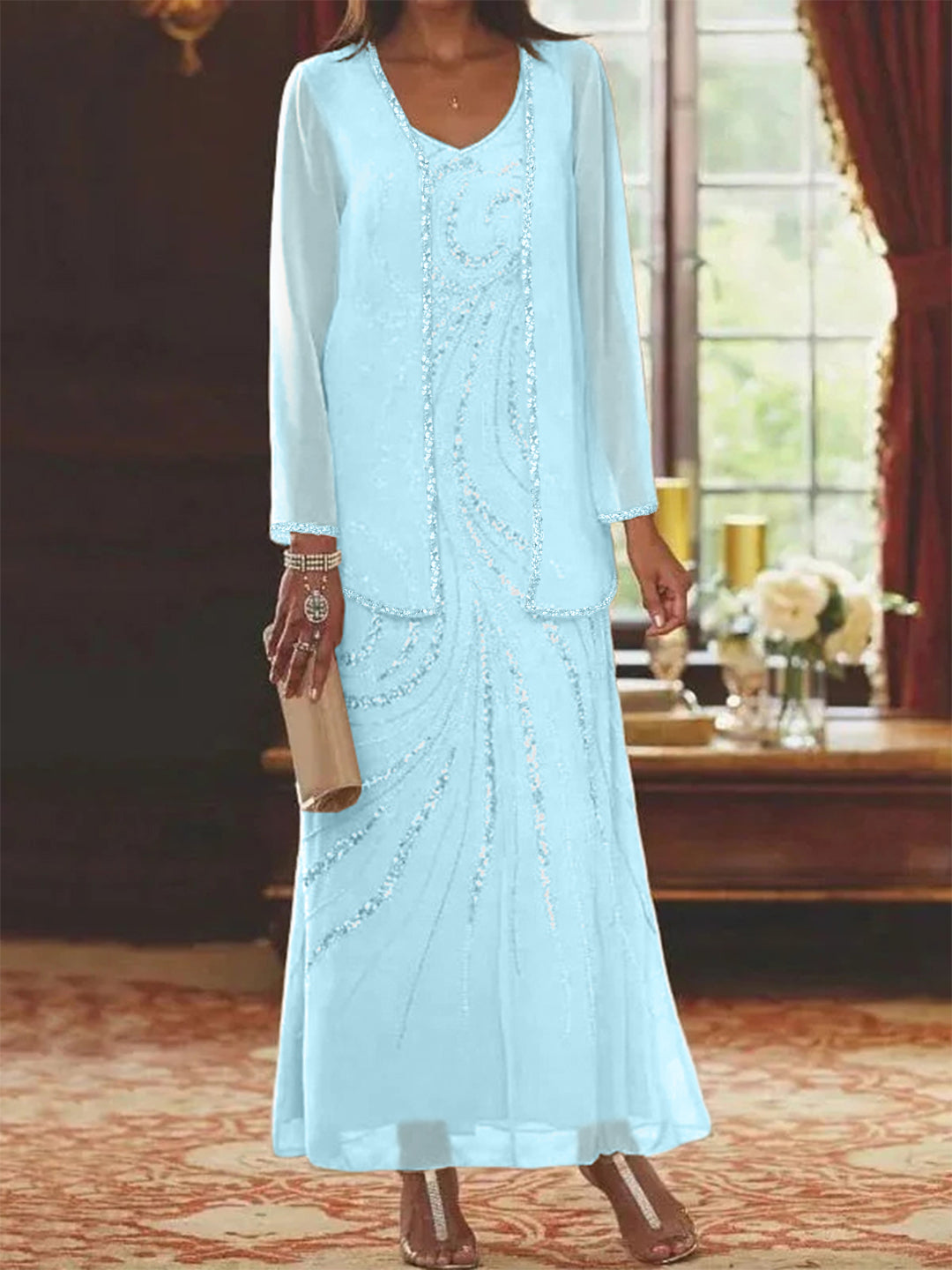 Robe Femme Élégante Longue Avec Veste Paillettes Col V Style Soirée Mariage