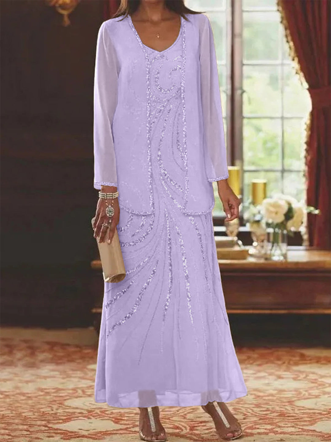 Robe Femme Élégante Longue Avec Veste Paillettes Col V Style Soirée Mariage