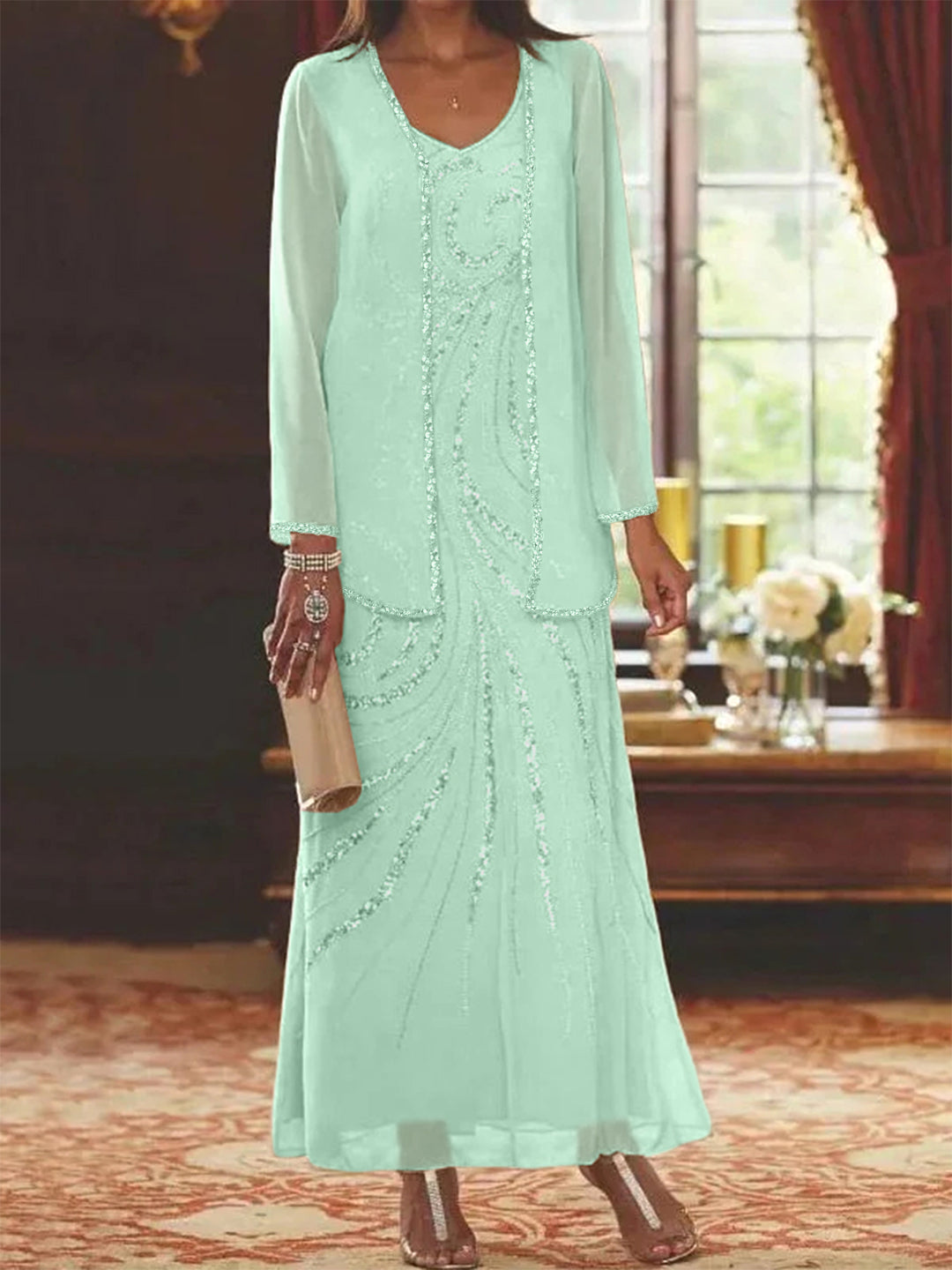 Robe Femme Élégante Longue Avec Veste Paillettes Col V Style Soirée Mariage