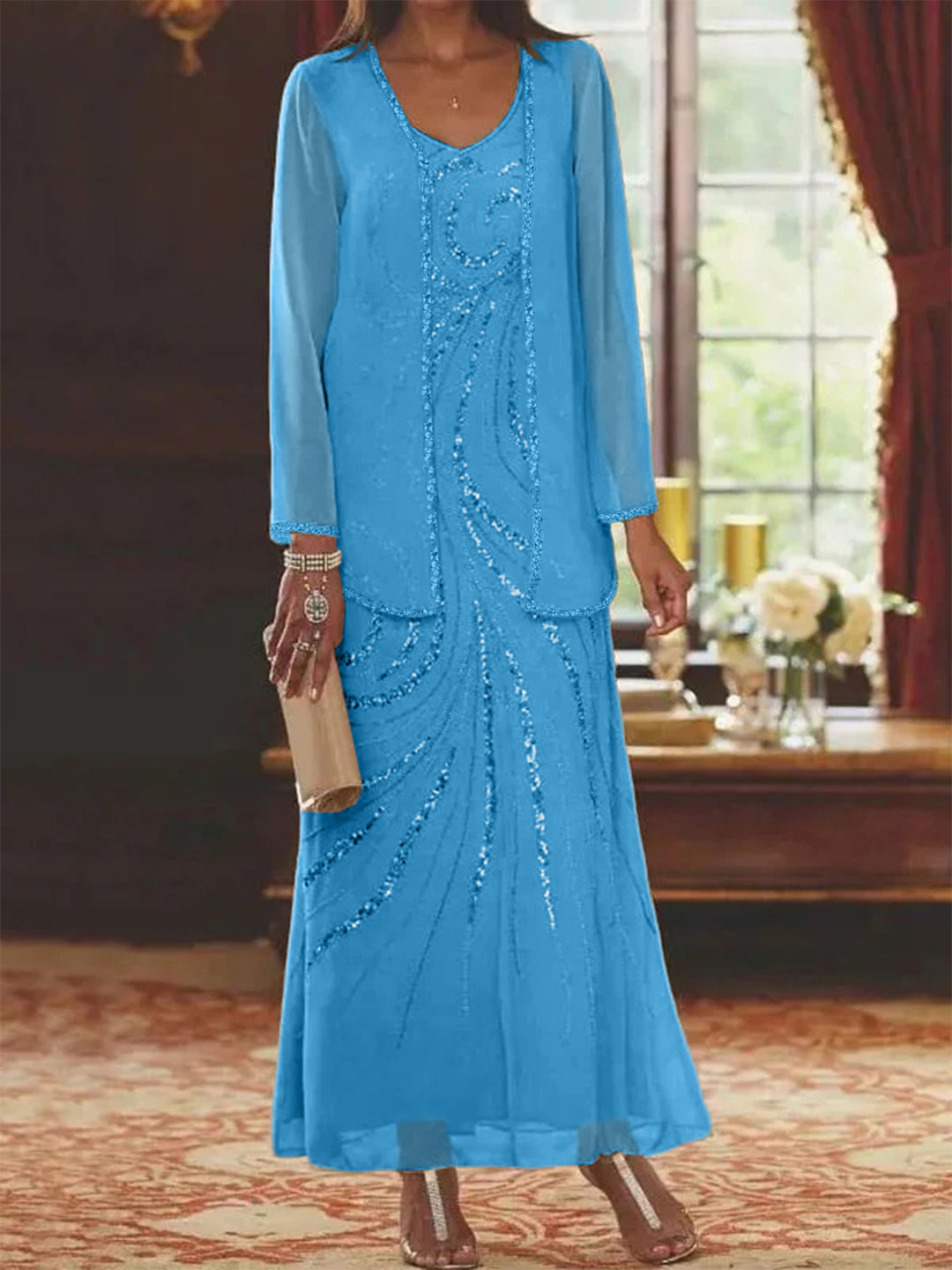 Robe Femme Élégante Longue Avec Veste Paillettes Col V Style Soirée Mariage
