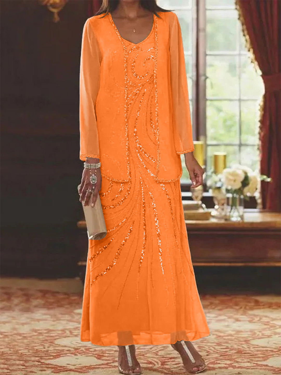 Robe Femme Élégante Longue Avec Veste Paillettes Col V Style Soirée Mariage