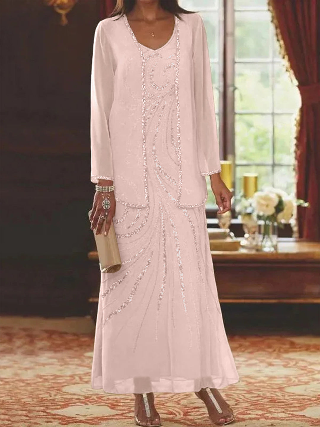Robe Femme Élégante Longue Avec Veste Paillettes Col V Style Soirée Mariage