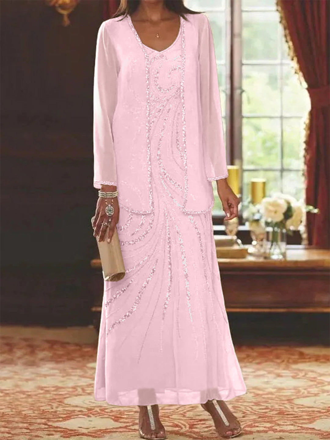 Robe Femme Élégante Longue Avec Veste Paillettes Col V Style Soirée Mariage