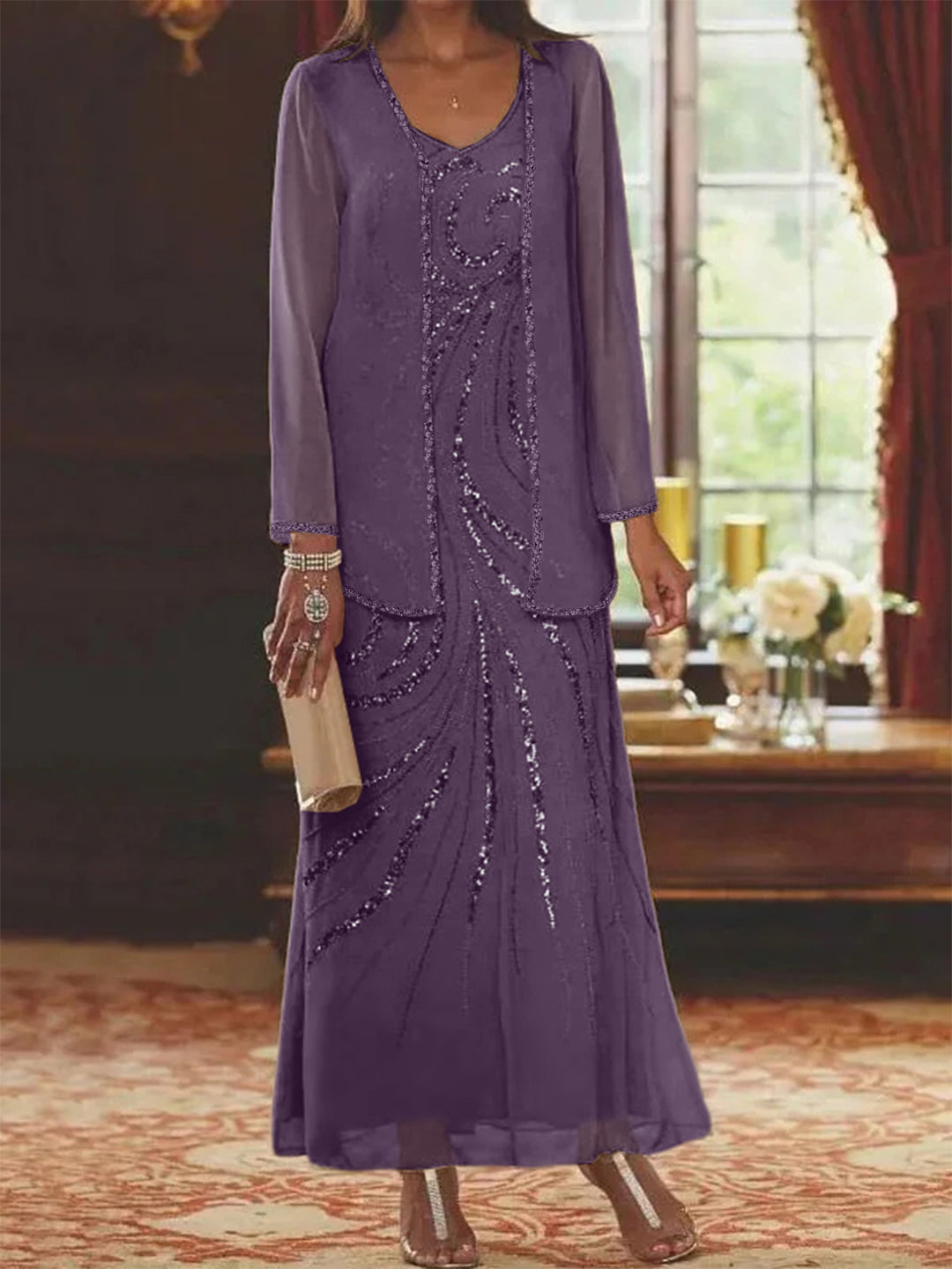 Robe Femme Élégante Longue Avec Veste Paillettes Col V Style Soirée Mariage