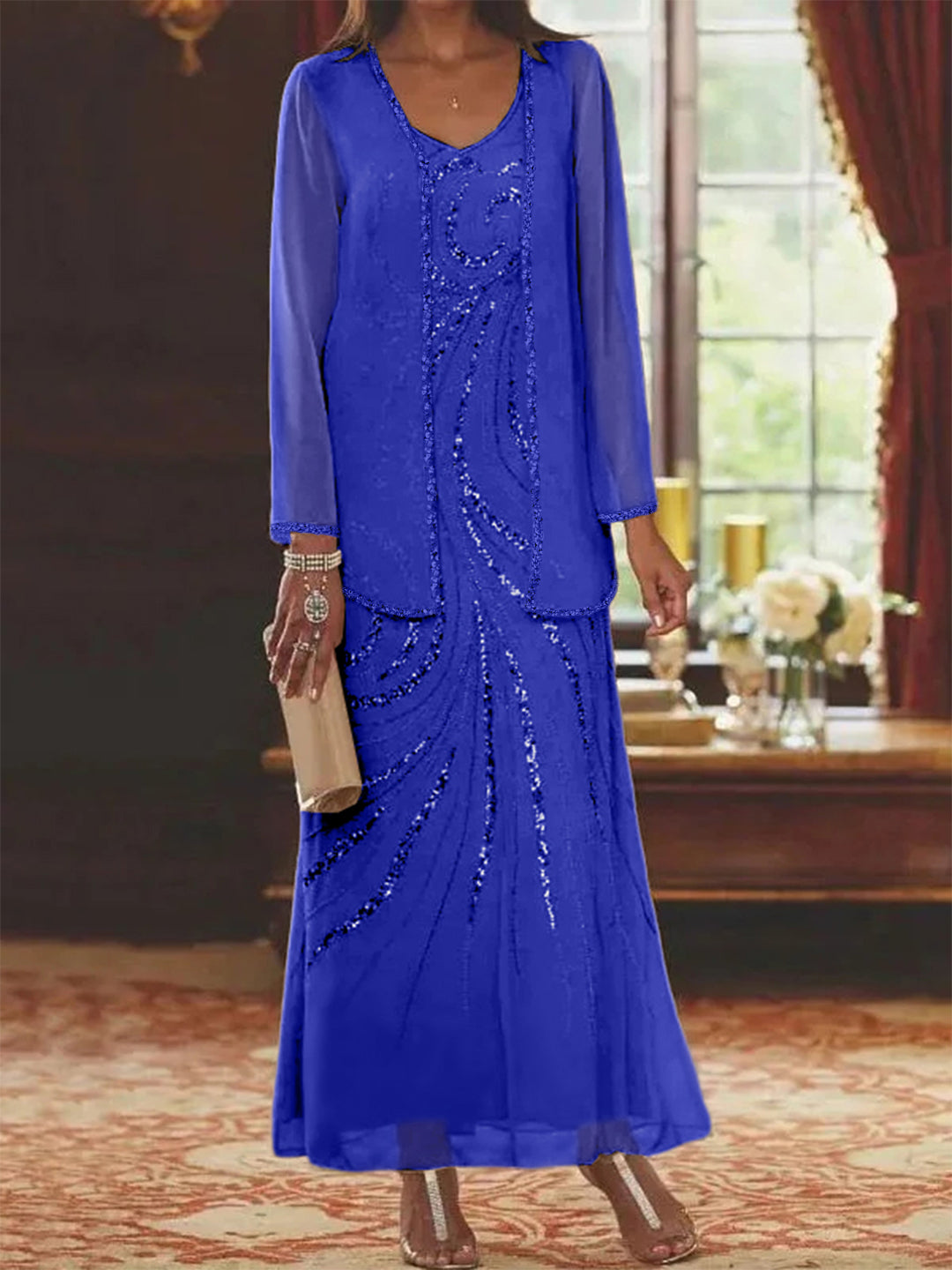 Robe Femme Élégante Longue Avec Veste Paillettes Col V Style Soirée Mariage