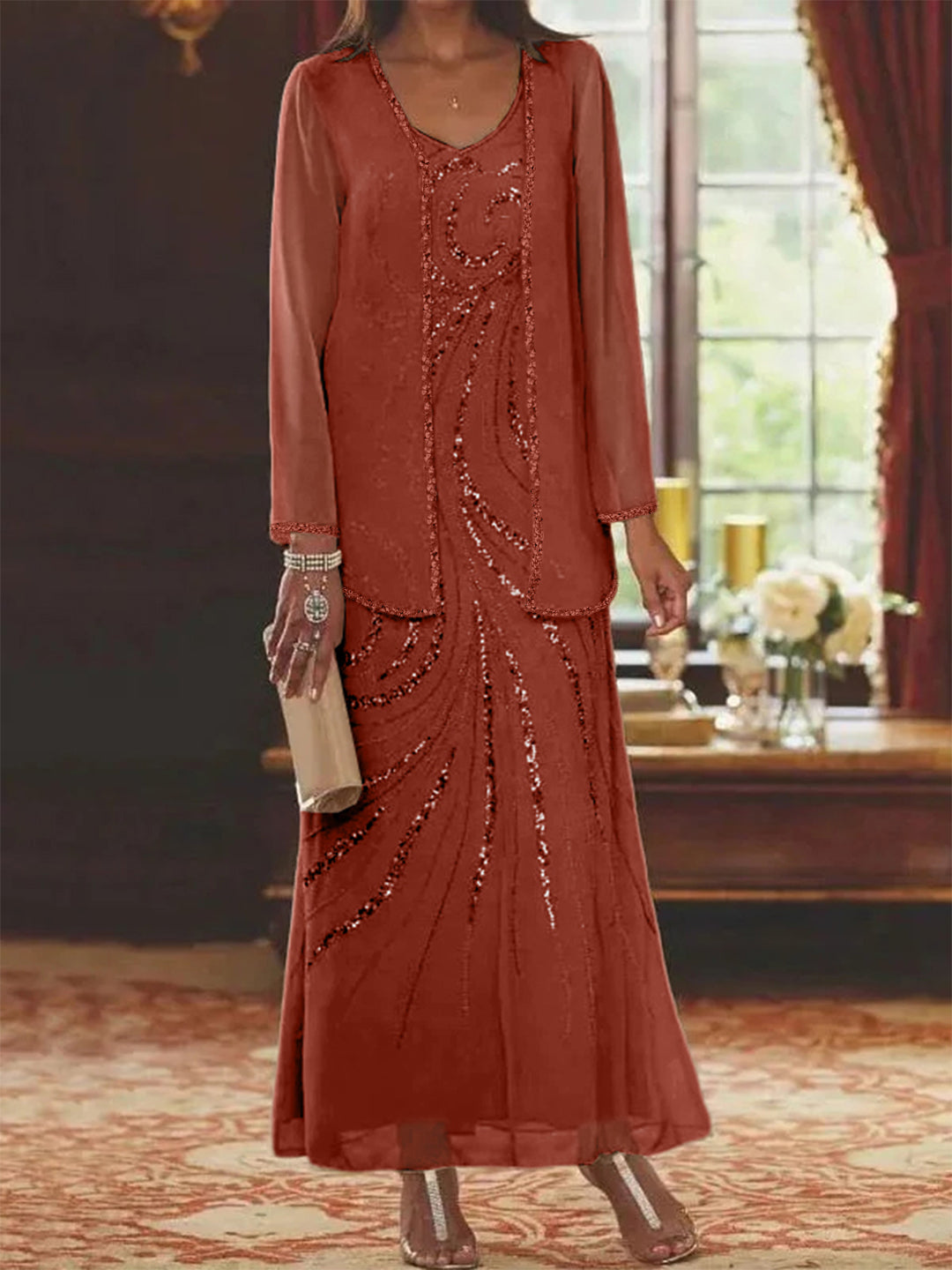Robe Femme Élégante Longue Avec Veste Paillettes Col V Style Soirée Mariage