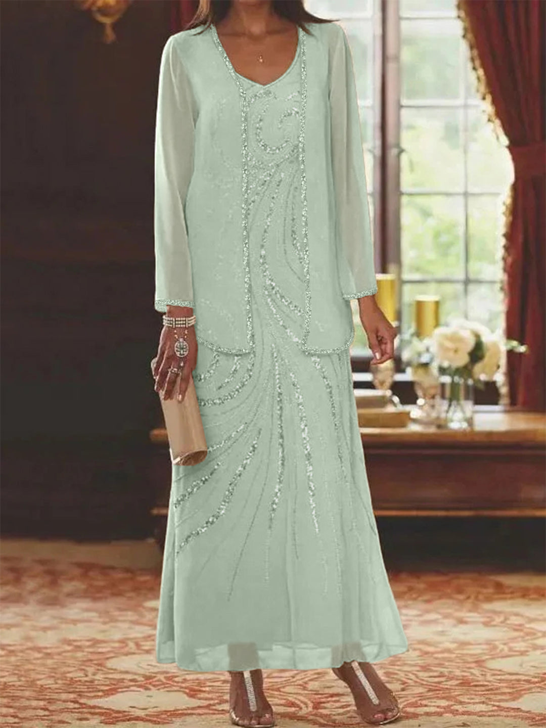 Robe Femme Élégante Longue Avec Veste Paillettes Col V Style Soirée Mariage